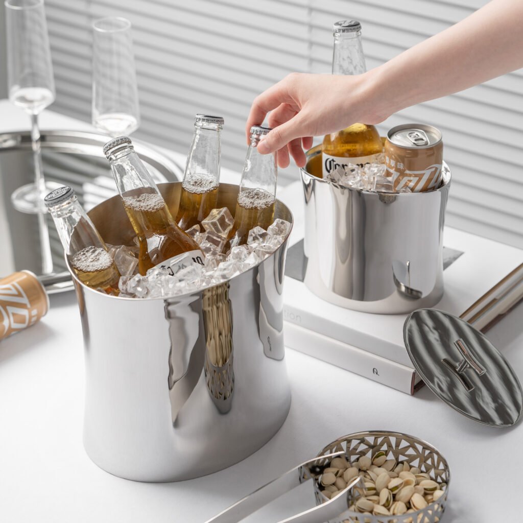 10 9 Steel Ice Suite for Luxury Entertaining - Premium Mirror Polished Stainless Steel Large Cooler and Double Wall Ice Bucket by Apexerahomelife.