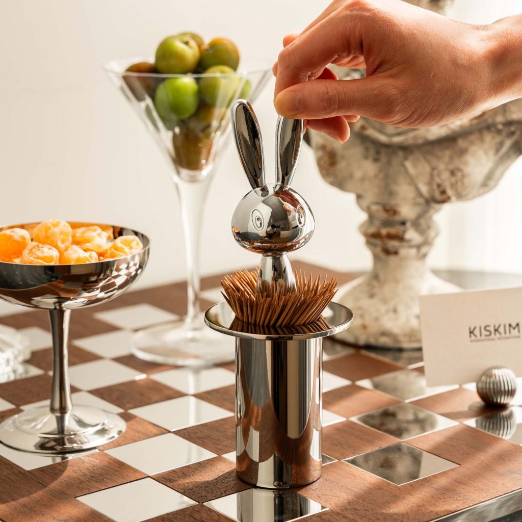 Steel Rabbit Toothpick holder (SS-111) featuring a mirror-polished cylindrical base and upright rabbit ears, shown as a Luxury Mirror Polished Bunny Holder.