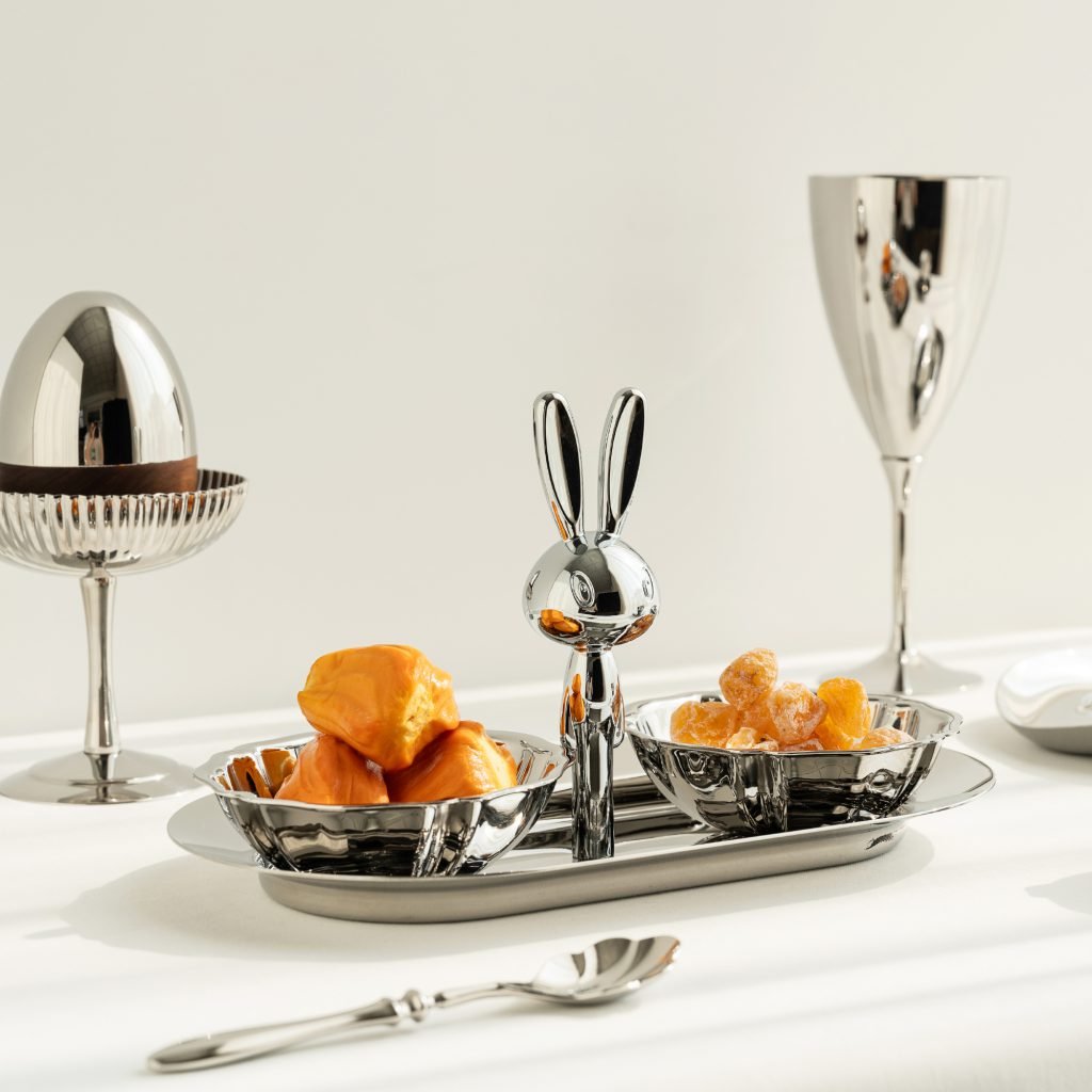 Steel Rabbit Bowl featuring two upright stainless steel ears on a cylindrical base, showcased as a Luxury Mirror Polished Bunny Dish.