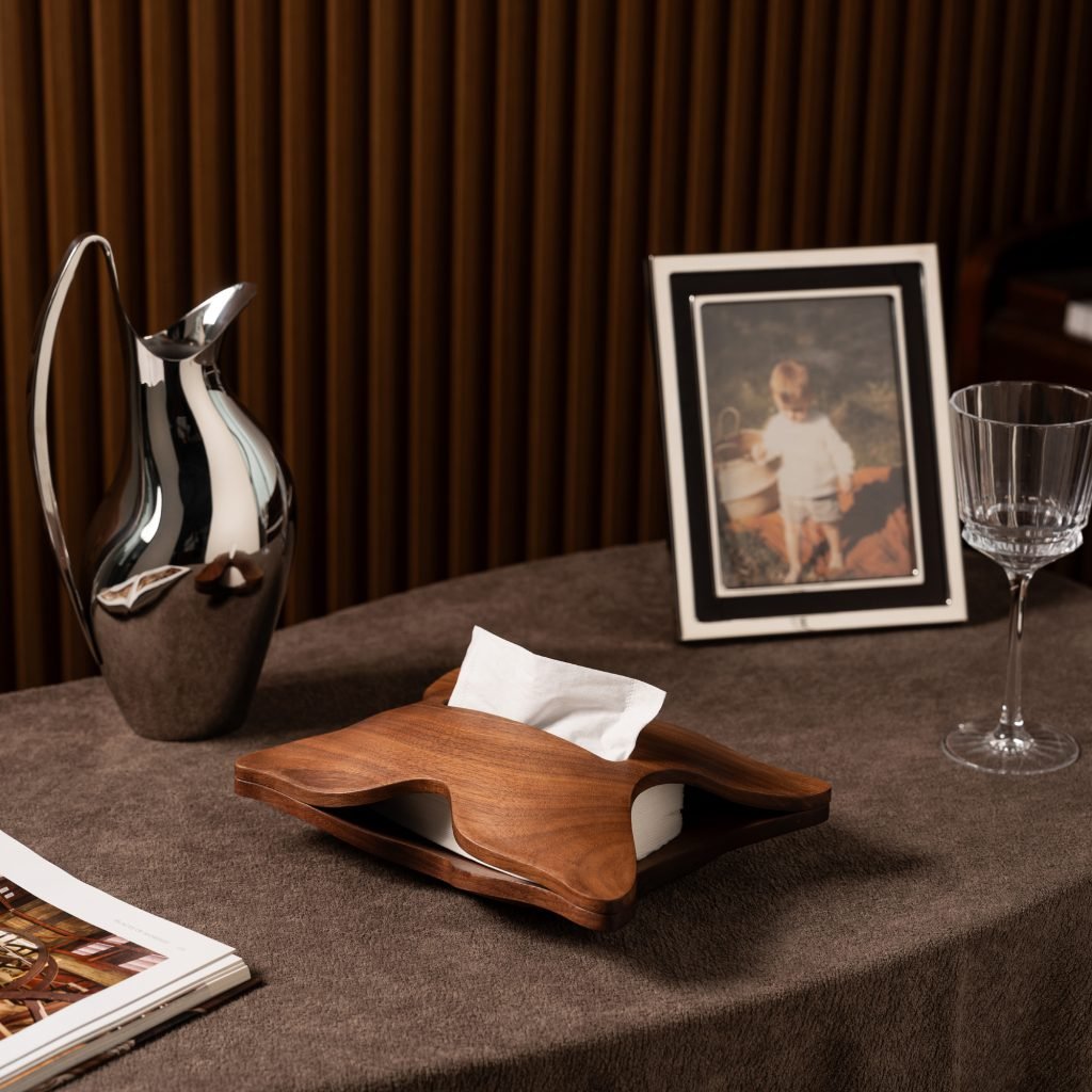 Wood Tissue Box (SS-12) featuring a premium timber body with an artistic butterfly-wing opening and smooth matte finish, showcased as a Luxury Handcrafted Timber Case.