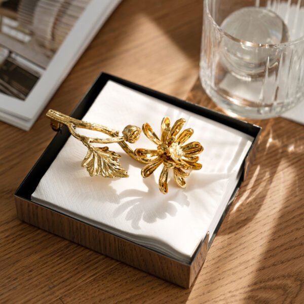 Steel Dahlia Napkin holder (SS-99) featuring a mirror-polished dahlia sculptural design with layered petals, showcased as a Luxury Mirror Polished Floral Holder.