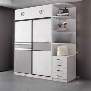 White Modish Wooden Armoire Cabinet with Soft Close Drawer, Soft Close Door, Interior Shelves, and Clothing Rod
