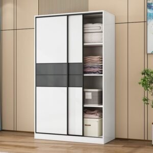 White Modish Wooden Armoire Cabinet with Soft Close Drawer, Soft Close Door, Interior Shelves, and Clothing Rod