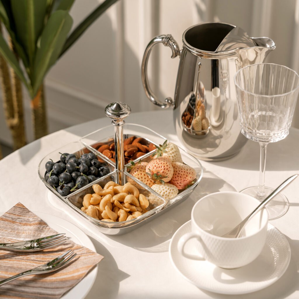 121 1 1 Luxury Glass Snack Server with Stainless Steel Chassis Base and 4 Detachable Individual Glass Plates