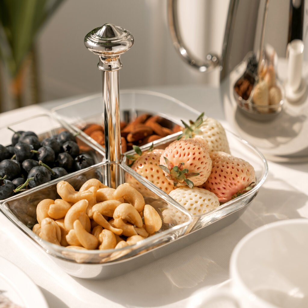 121 2 1 Luxury Glass Snack Server with Stainless Steel Chassis Base and 4 Detachable Individual Glass Plates