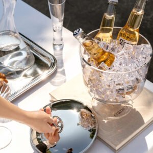 Creative stainless steel covered glass transparent ice storage bucket, creative light luxury home and commercial ice bucket, fruit bucket, decorative home decoration item