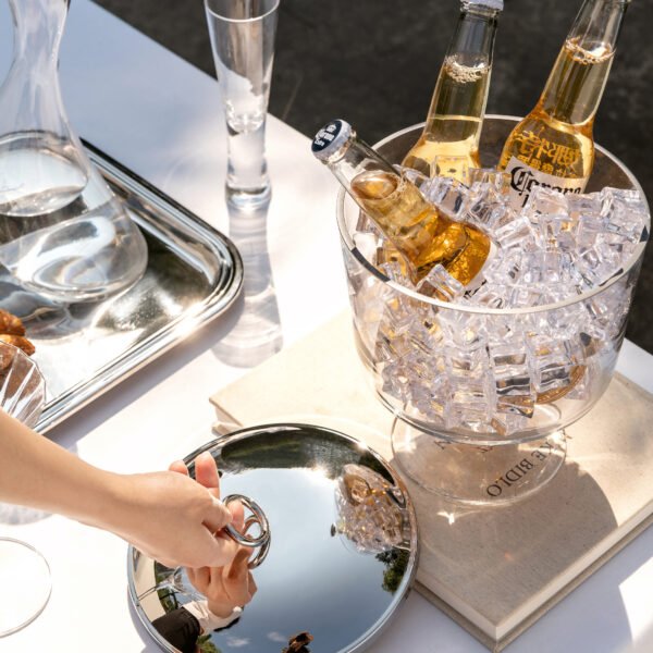 Glass Ice Bucket featuring a crystal clear body and a stainless steel lid with tongs, showcased as a Luxury Clear Wine Chiller.