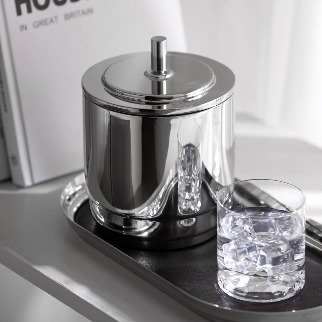 Steel Ice Bucket featuring a symmetrical arch handle and matching tongs, showcased as a Luxury Mirror Polished Wine Chiller.