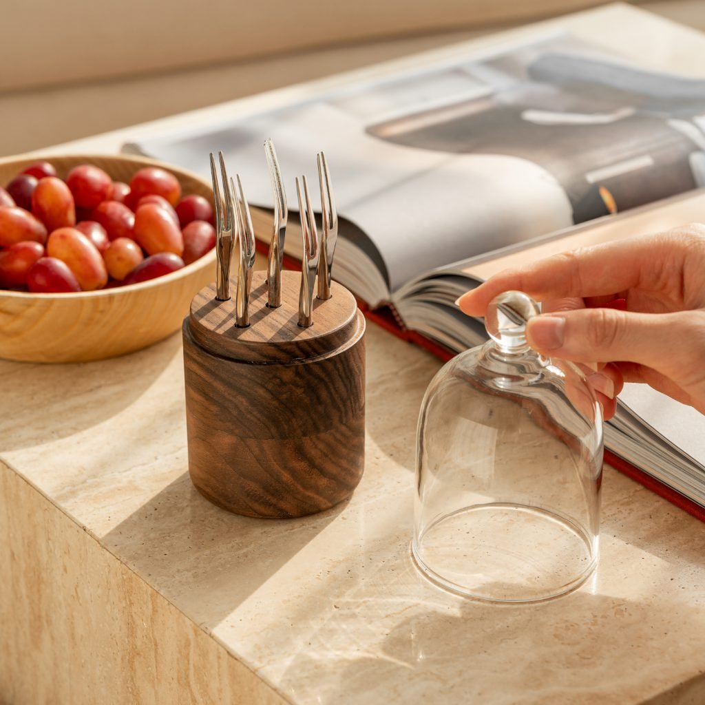 Steel Fruit Picks (SS-16) featuring a mirror-polished base and six stainless steel forks under a high-clarity glass lid, showcased as a Luxury Mirror Polished Appetizer Set.