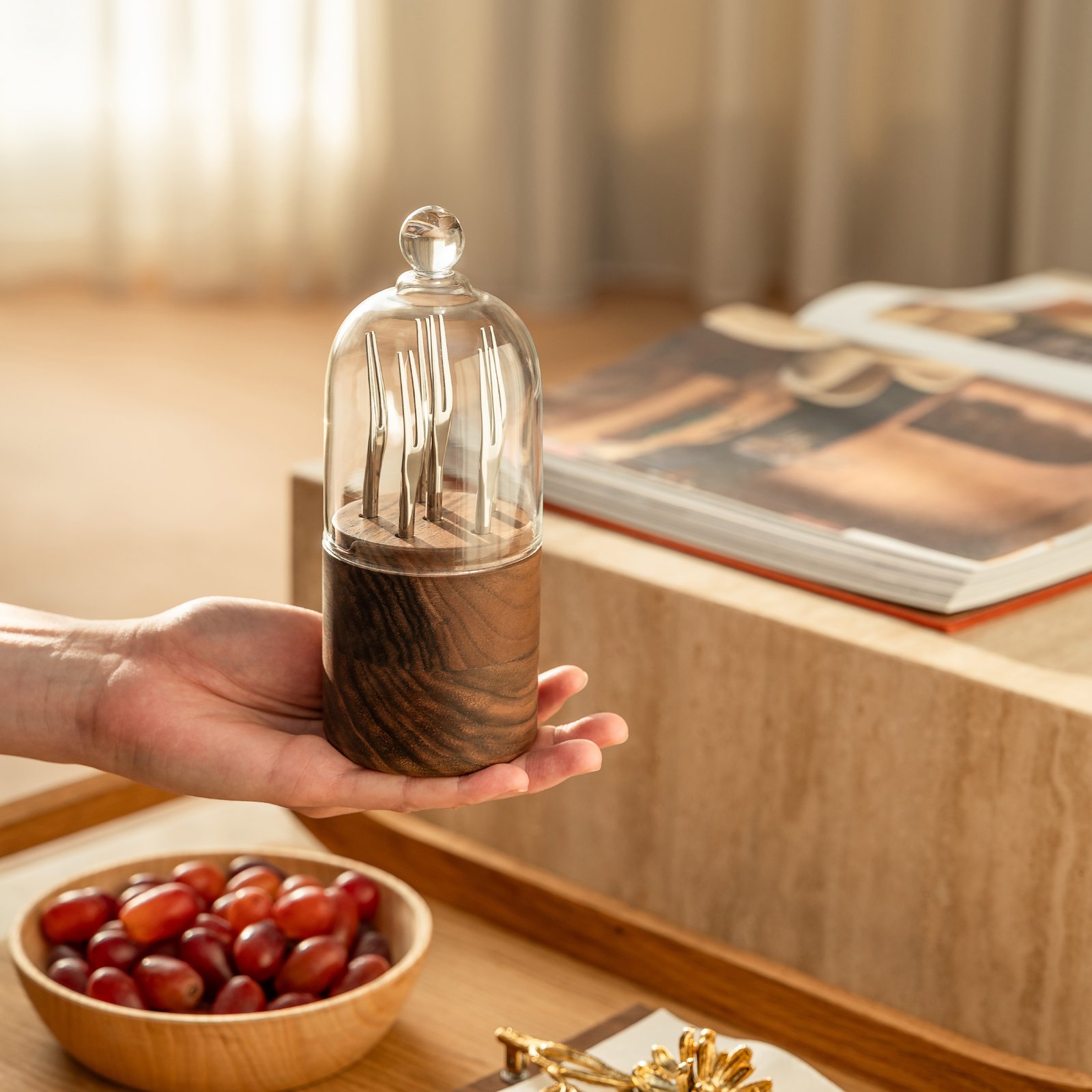 Creative luxury glass cover wooden products fruit signs Feng Shui fruit forks model room decoration ornaments coffee spoons housewarming gifts - Image 9