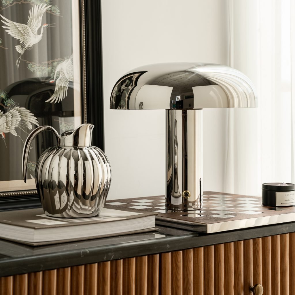 Steel Table Lamp (SS-19) featuring a mirror-polished mushroom-shaped dome and a sleek cylindrical base, showcased as a Luxury Mirror Polished Mushroom Light.
