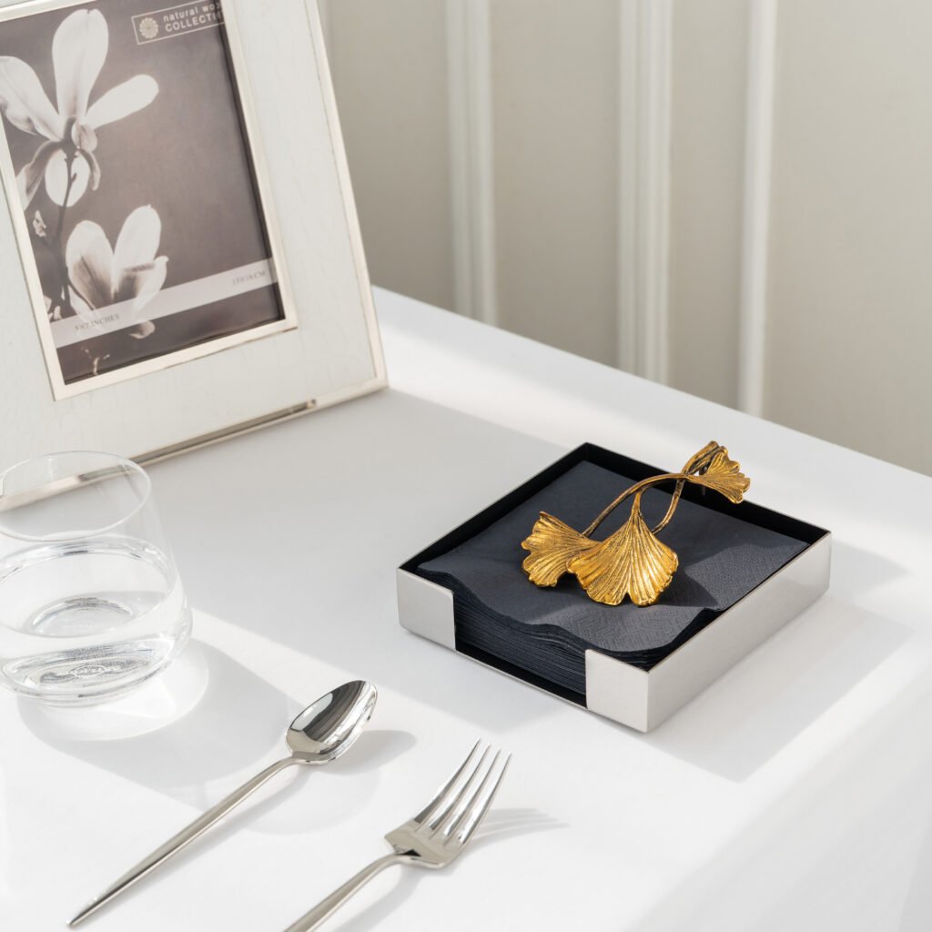 3 9 Steel Dahlia Napkin Holder - Luxury Mirror Polished Stainless Steel Floral Sculpture by Apexerahomelife.