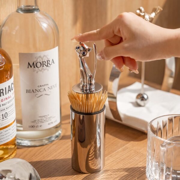 Steel Cat Toothpick holder (SS-108) featuring a mirror-polished base and distinct cat ear finials, showcased as a Luxury Mirror Polished Kitten Holder.