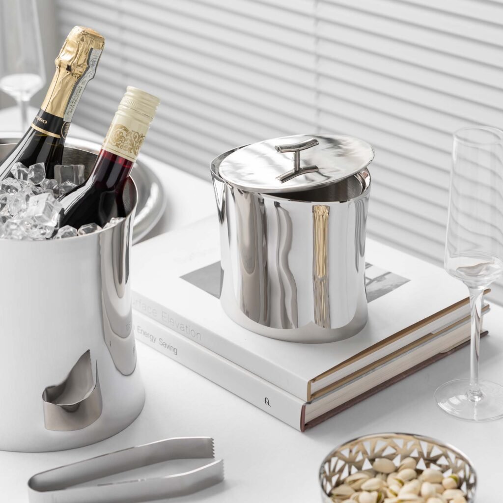4 6 Steel Ice Suite for Luxury Entertaining - Premium Mirror Polished Stainless Steel Large Cooler and Double Wall Ice Bucket by Apexerahomelife.