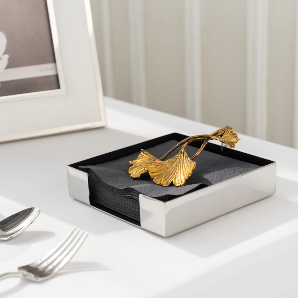 4 8 Steel Dahlia Napkin Holder - Luxury Mirror Polished Stainless Steel Floral Sculpture by Apexerahomelife.