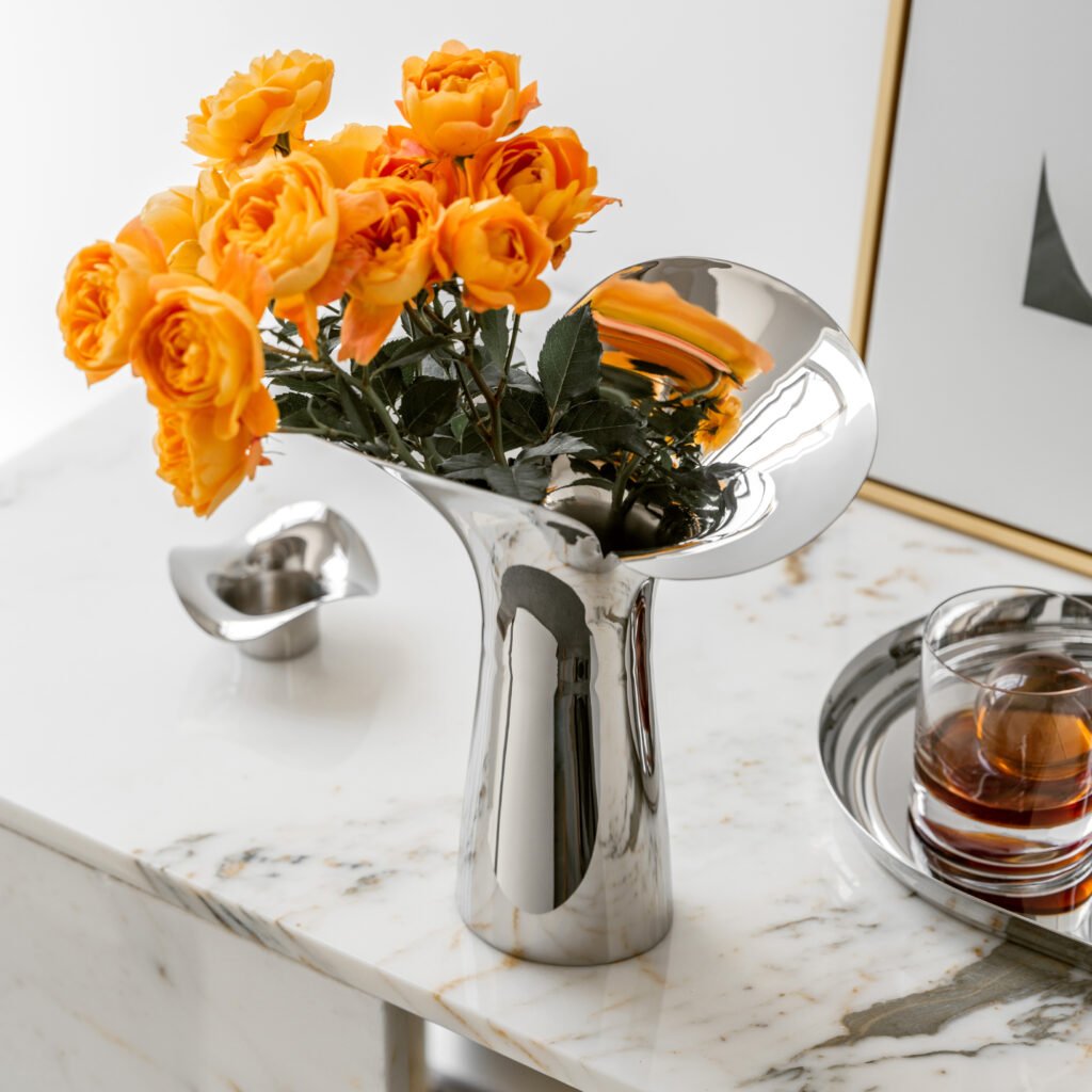 45 1 1 Steel Petal Vase for Boutique Interiors - Premium Mirror Polished Stainless Steel Bud Vessel by Apexerahomelife.