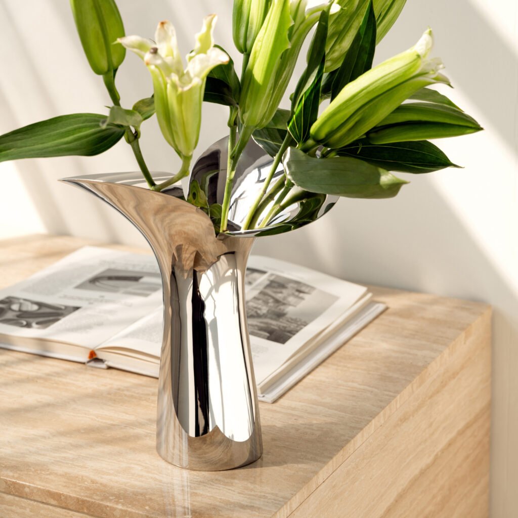 45 8 1 Steel Petal Vase for Boutique Interiors - Premium Mirror Polished Stainless Steel Bud Vessel by Apexerahomelife.