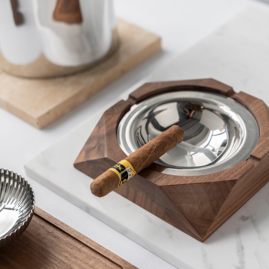 50 1 1 Walnut Steel Ashtray for Luxury Lounges - Premium Mirror Polished Stainless Steel & Solid Wood Smoking Accessory by Apexerahomelife.