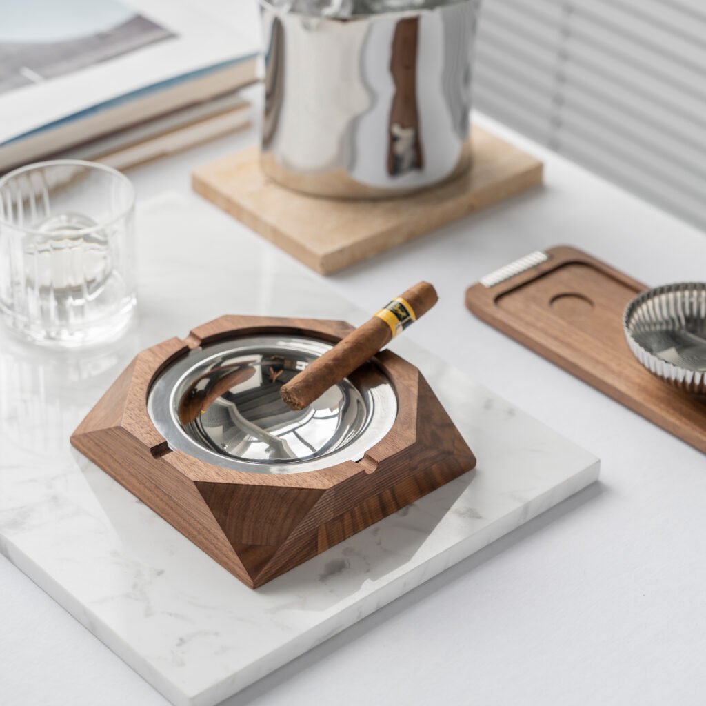 50 2 1 Walnut Steel Ashtray for Luxury Lounges - Premium Mirror Polished Stainless Steel & Solid Wood Smoking Accessory by Apexerahomelife.