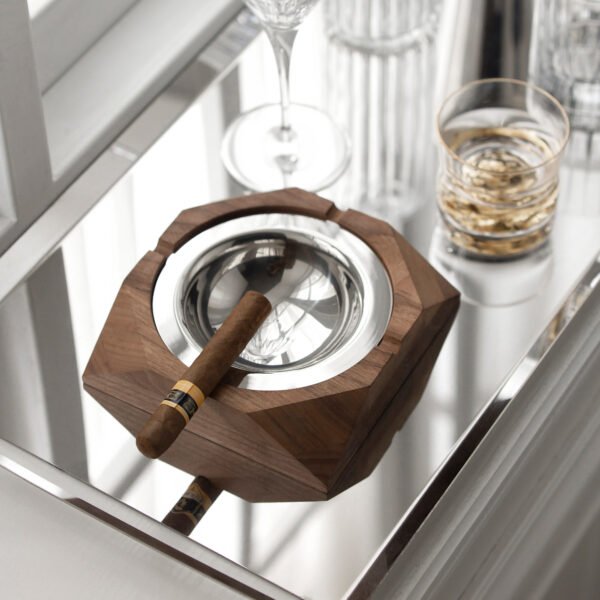 Walnut Steel Ashtray (SS-50) featuring a solid walnut wood exterior with a mirror-polished stainless steel inset for ash, showcased as a Luxury Solid Wood Ash Basin.