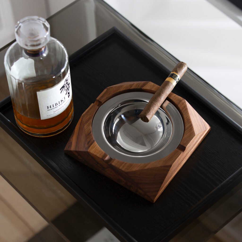 50 5 1 Walnut Steel Ashtray for Luxury Lounges - Premium Mirror Polished Stainless Steel & Solid Wood Smoking Accessory by Apexerahomelife.