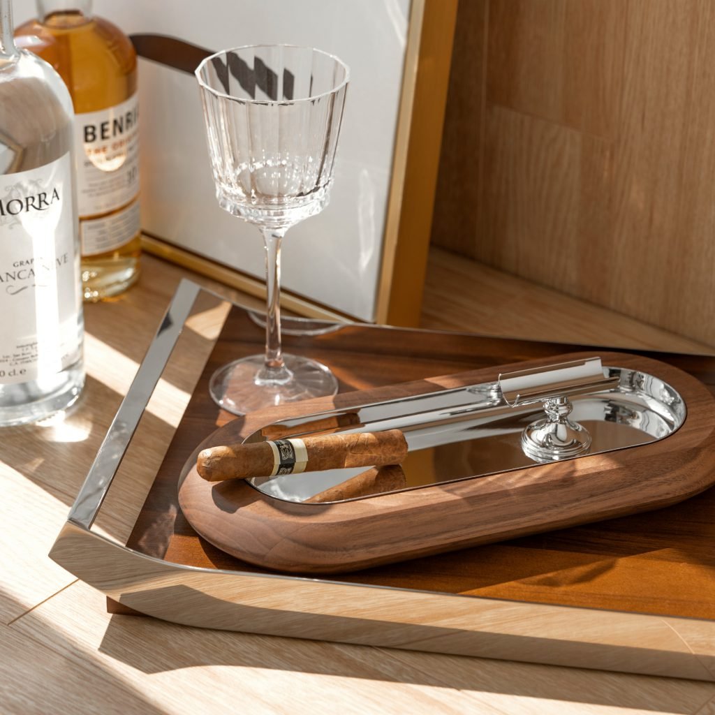 Steel Cigar Ashtray (SS-51) featuring a deep, mirror-polished circular body with a specialized wide U-shaped cigar rest, showcased as a Luxury Mirror Polished Cigar Basin.