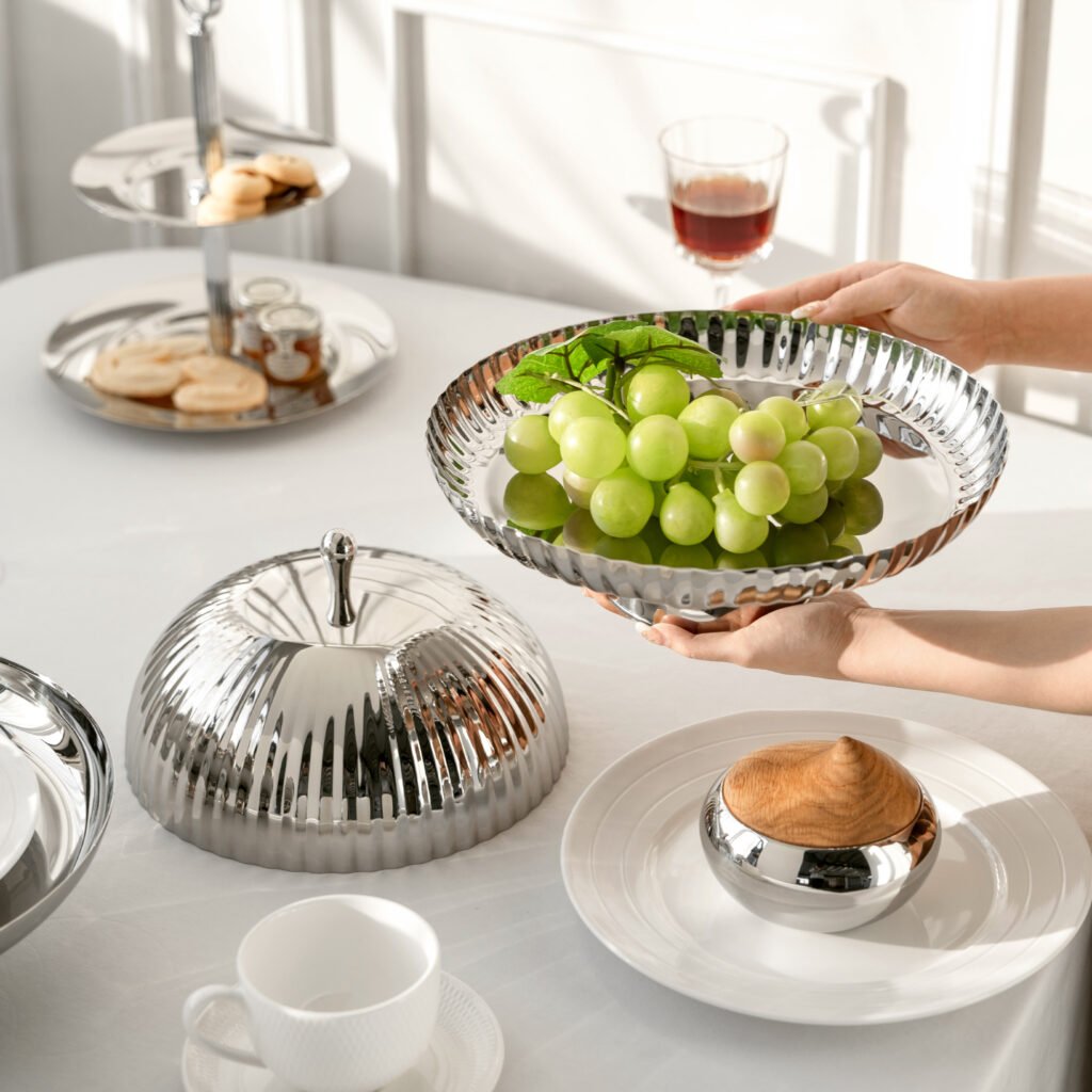 69 5 1 Steel Ribbed Platter with Cloche Set - Luxury Mirror Polished Stainless Steel Serving Tray by Apexerahomelife.