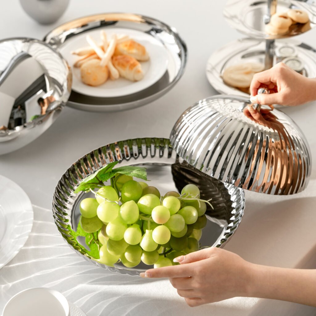 69 6 1 Steel Ribbed Platter with Cloche Set - Luxury Mirror Polished Stainless Steel Serving Tray by Apexerahomelife.
