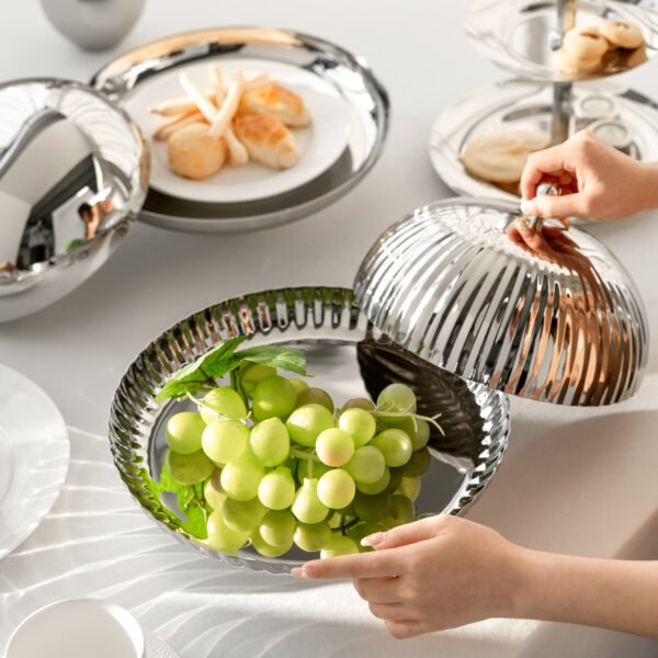 Steel Ribbed Platter (SS-69) featuring a mirror-polished plate with a matching striped dome cloche, showcased as a Luxury Mirror Polished Cloche Set.