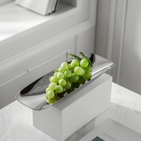 Steel Boat Platter (SS-76) featuring a mirror-polished, elongated boat-shaped body for seafood and appetizers, showcased as a Luxury Mirror Polished Oval Tray.