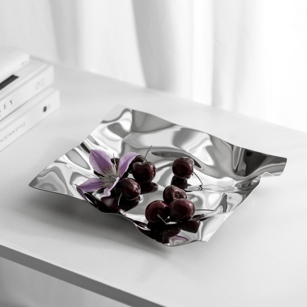 Steel Crinkled Bowl (SS-81) featuring a mirror-polished body with artistic paper-like crinkle textures, showcased as a Luxury Mirror Polished Platter.