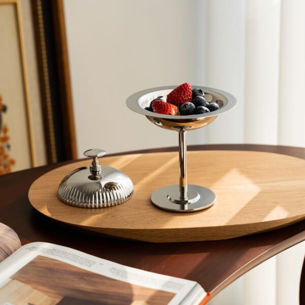 Steel Dessert Server (SS-93) featuring a mirror-polished bowl with a matching lid and spherical handle, showcased as a Luxury Mirror Polished Covered Bowl.