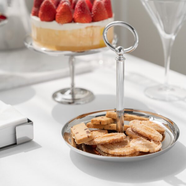 Steel Appetizer Dish (SS-95) featuring a mirror-polished square/circular pool design for sauces and snacks, showcased as a Luxury Mirror Polished Dipping Plate.