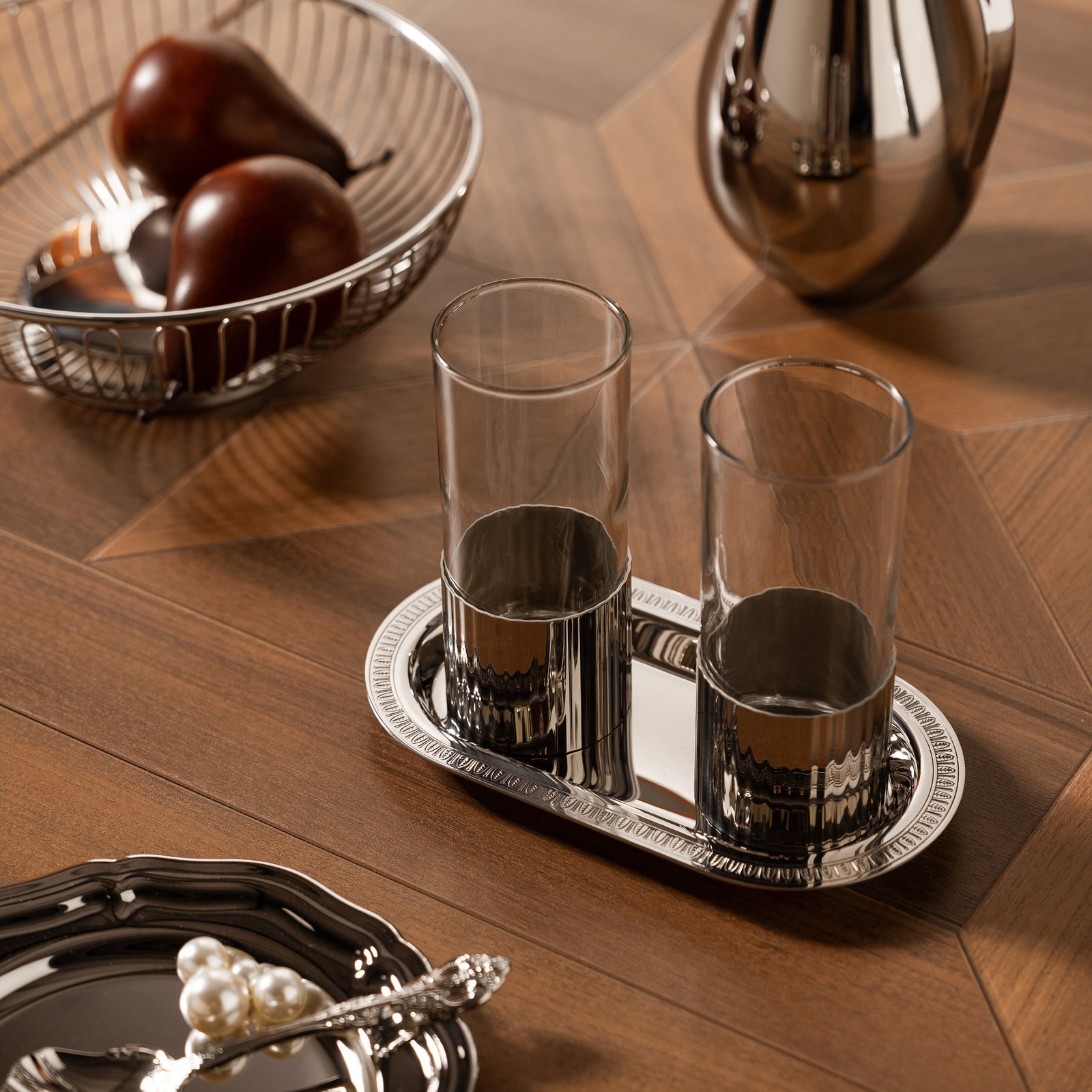 Creative stainless steel tray, light luxury water cup, retro water cup, striped water cup, living room reception water set, home decoration ornaments - Image 2