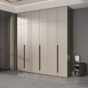 Tan Minimalist Armoire Wood Wardrobe Closet with Interior Shelves, 6 Soft Close doors and Clothing Rod