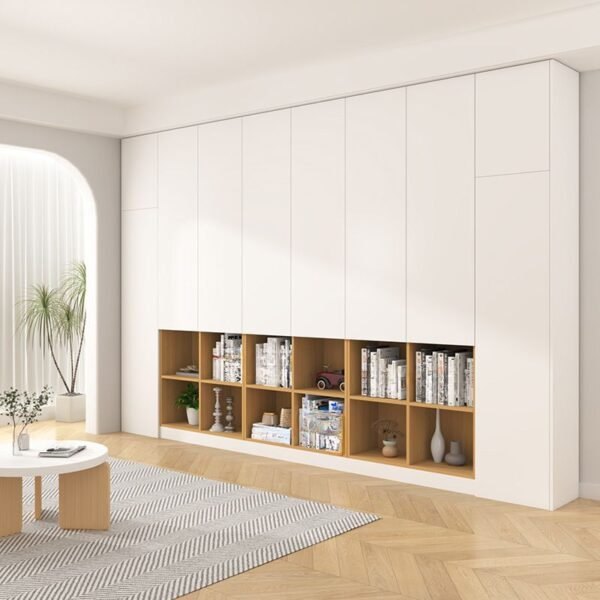An 82.5-inch (210cm) Graceful Contrast Archive featuring a timber-grain frame, white side panels, and full-height solid white doors (no glass, no drawers, no lights).