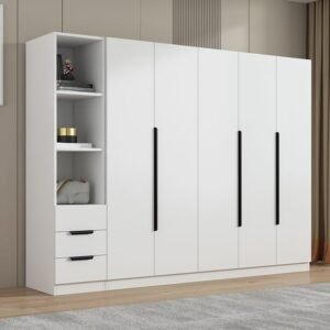 Simplistic Wood Wardrobe Closet with Soft Close Door, Interior Shelves, and Hanging Rod
