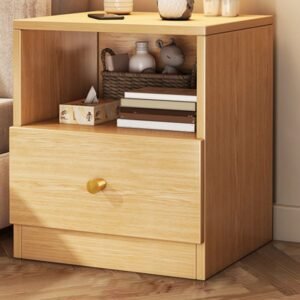 Simplistic Compact Beige Wood Nightstand with 1 Drawer Storage for Small Spaces