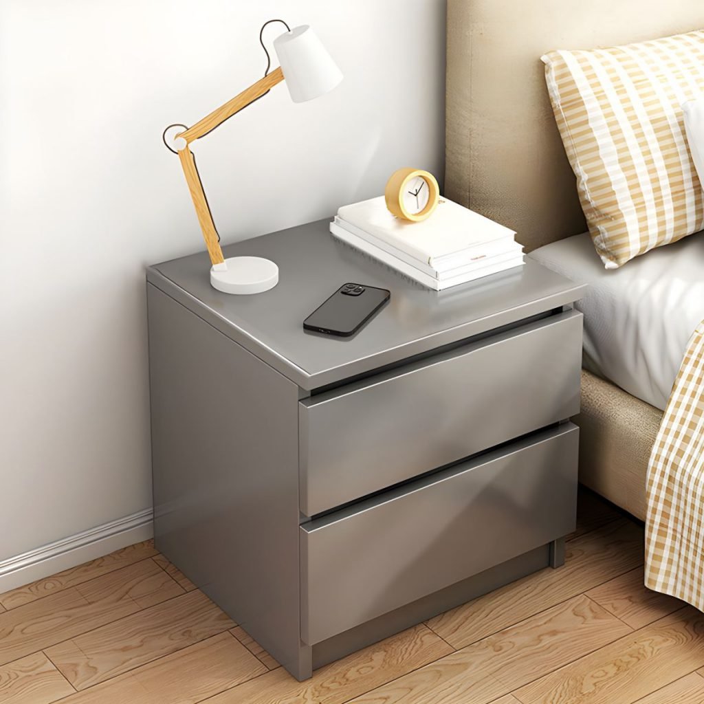 Versatile Small Nightstand in grey and white with E0 wood grain.