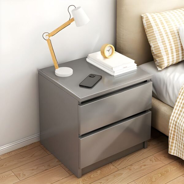 Versatile Small Nightstand in grey and white with E0 wood grain.