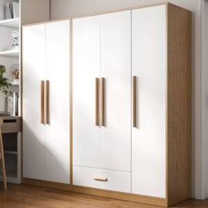 White Minimalist Manufactured Wood Wardrobe Closet with 3-Drawer/2 Drawers, Interior Shelves, and Clothing Rod