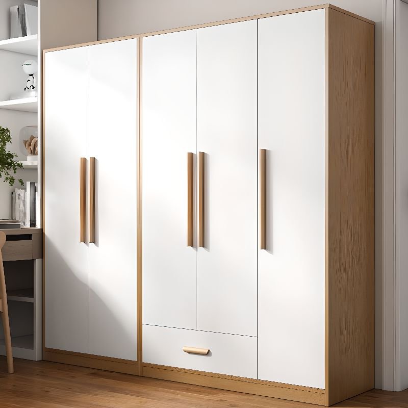 White Minimalist Manufactured Wood Wardrobe Closet with 3-Drawer/2 Drawers, Interior Shelves, and Clothing Rod