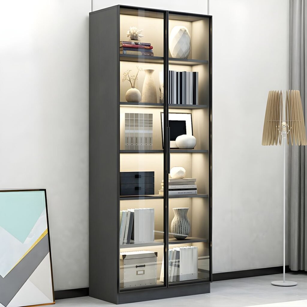 1200x1200 308 Wooden Bookcase Modern With Glass 2/6 Doors Living Room Library 2 Drawers Storage Cabinet Book Shelvese With Lights Bookshelf