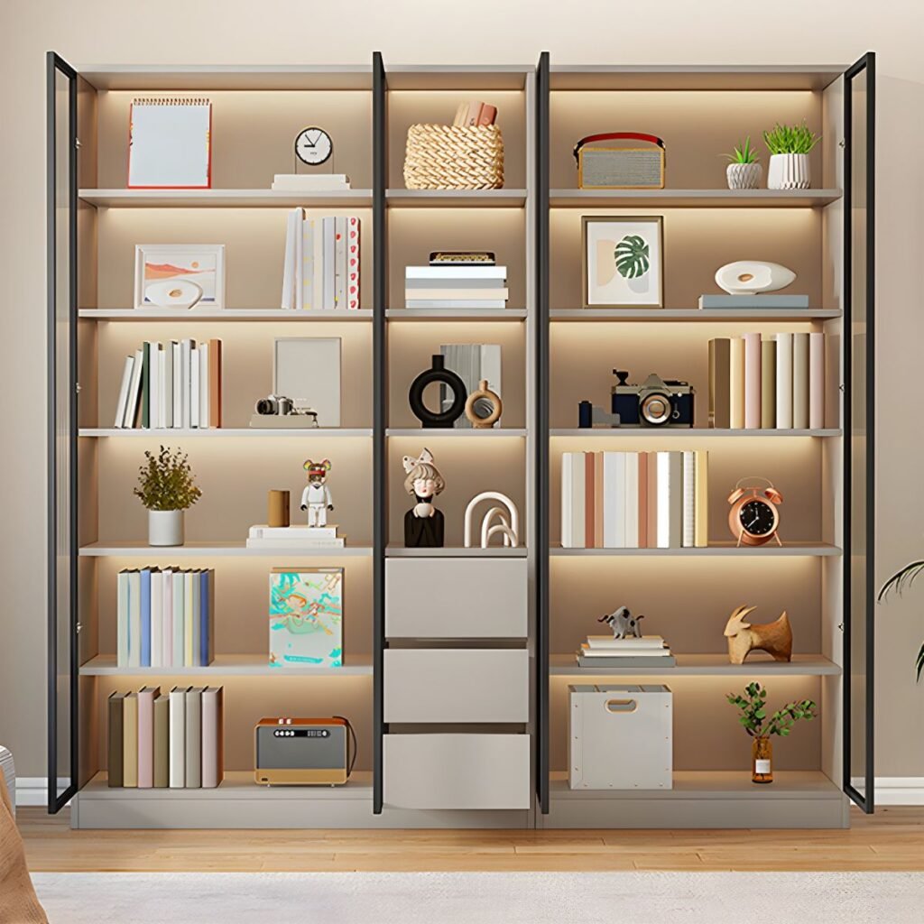 1200x1200 309 Wooden Modern Bookcase With Glass 2/6 Doors 2/3Drawers Storage Living Room Library Cabinet Book Shelvese With Lights Bookshelf