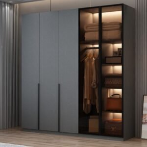 Dove Grey Minimalist Manufactured Wood Wardrobe Closet with Compartments, Soft Close Door, Interior Shelves, and Clothing Rod