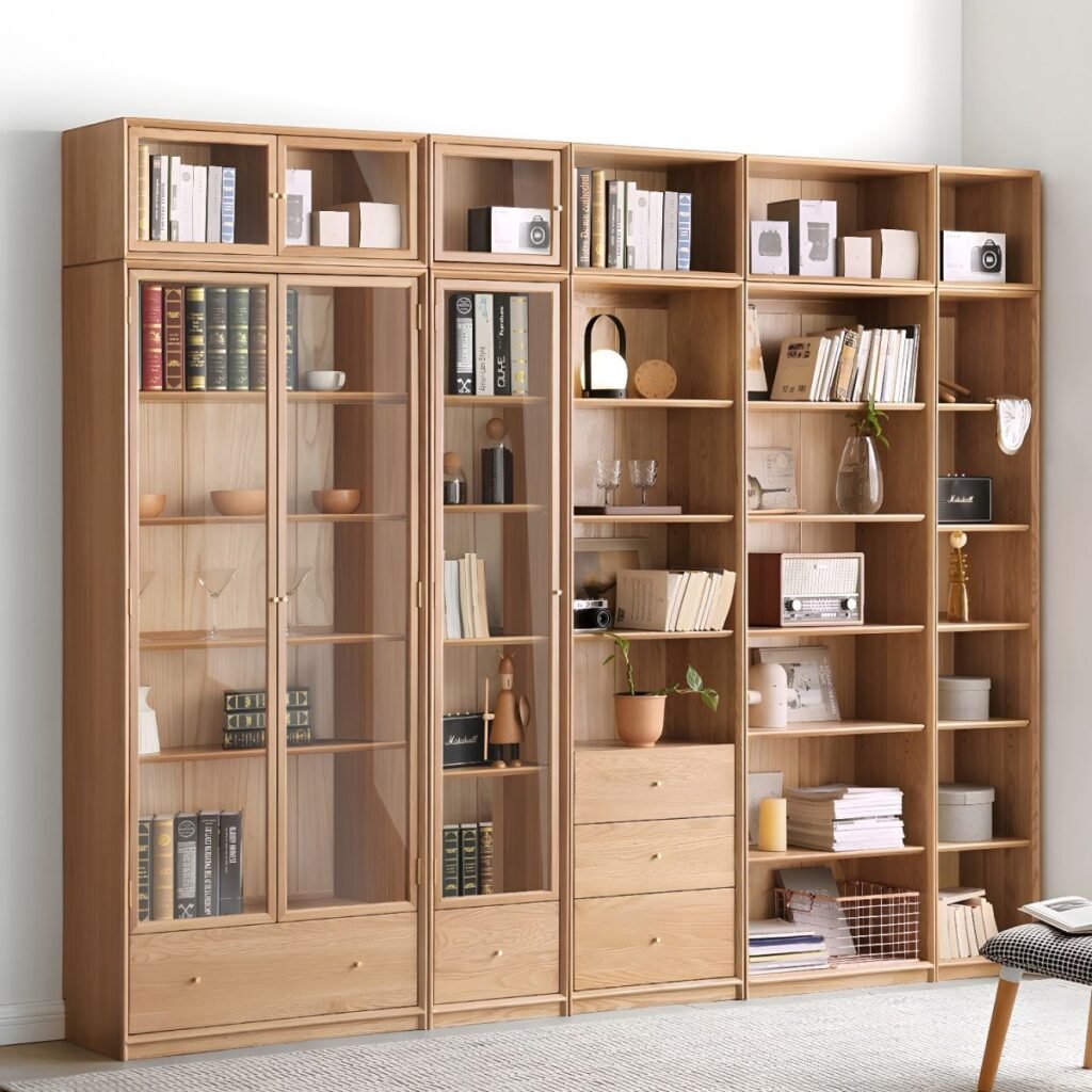 Apexerahomelife JX-BC-071 Modular Bookcase with Glass Doors in light oak finish featuring a mix of open shelves and fluted glass storage cabinets