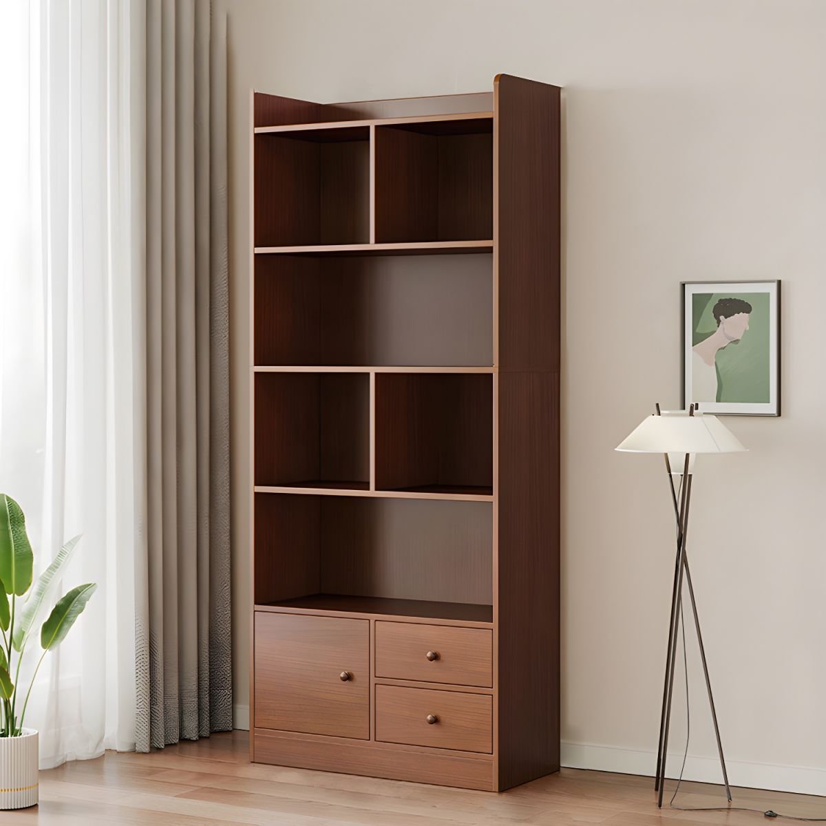 Modern Wooden Bookcase with Lower Cabinet Doors and Drawers - 5-Tier Large Storage Shelf for Home Office - Image 2