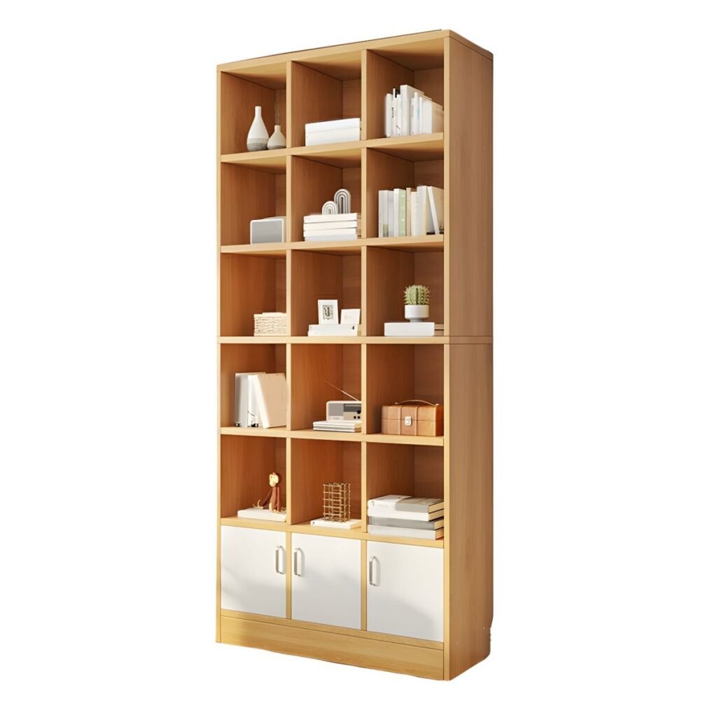 1200x1200 347 79" Natural Wood Bookcase with 2 Lower Cabinet Doors - 5-Tier Rustic Storage Organizer