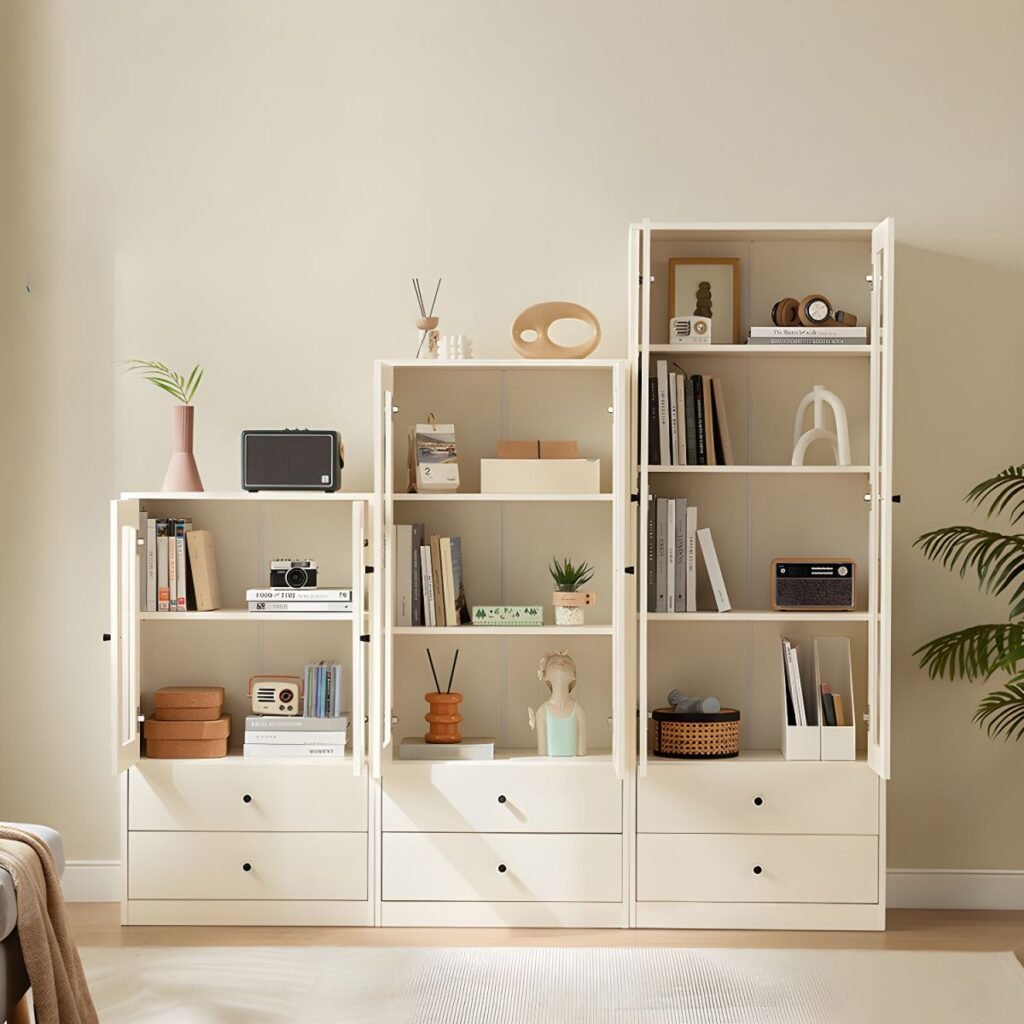 1200x1200 355 Compact 3-Tier Creamy Dust-Proof Glass Display White Accent Cabinet with Glass Doors & 2-Drawer Base, 40-Inch Height
