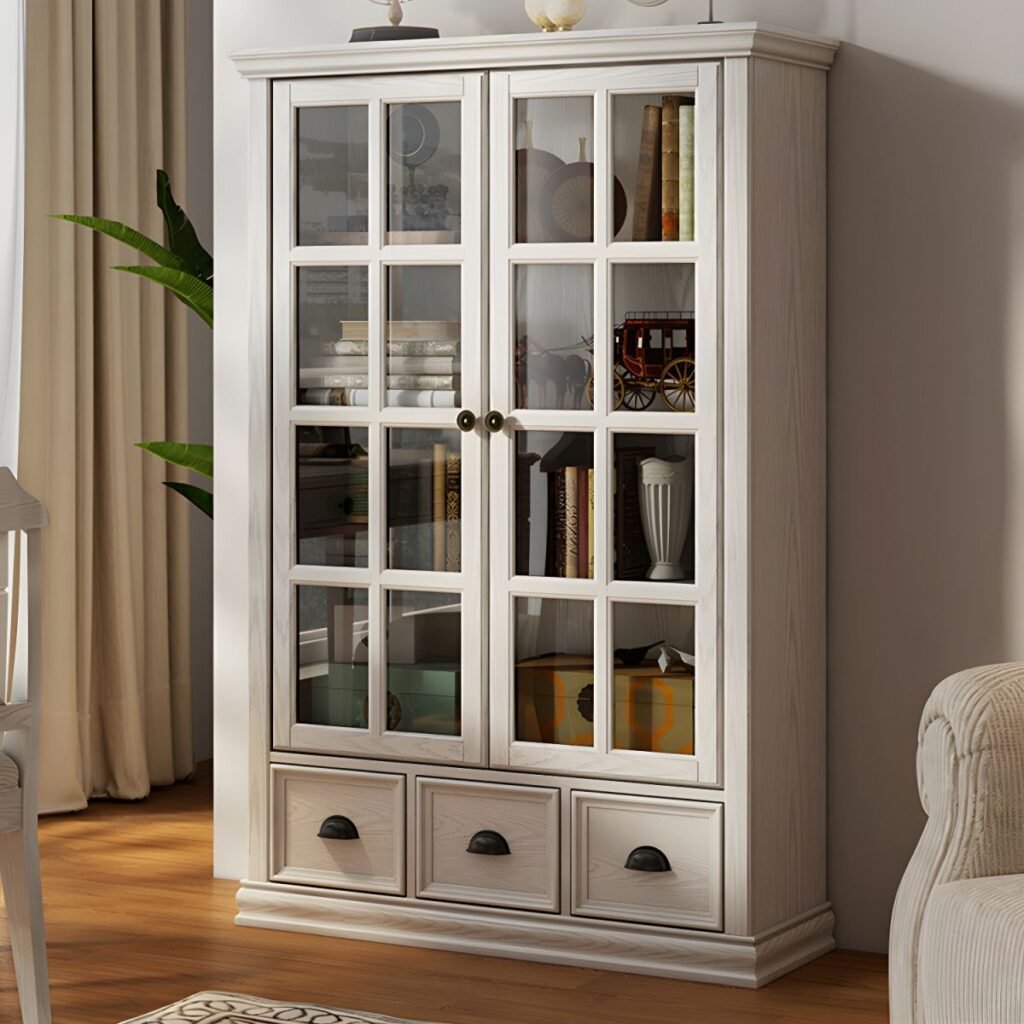1200x1200 357 Glass-Door Storage Hutch – Stunning 60-Inch White Bookcase with 2-Drawer Base, Reliable Dust-Proof Display for Modern Living